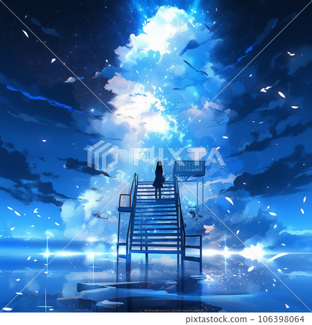 [AI 生成圖像] 天空、雲朵和樓梯的風景中女人背後的插圖 106398064