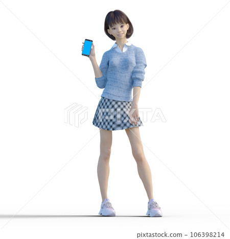展示智能手機燙髮的女學生3DCG插畫素材 106398214