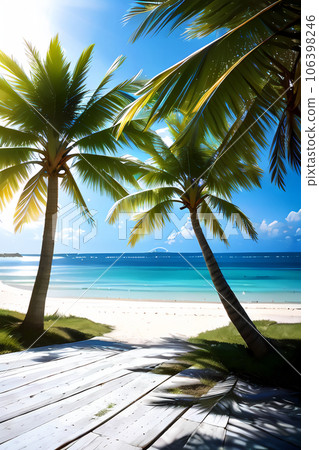 Illustration of a wooden deck and the sea generated by AI 106398246