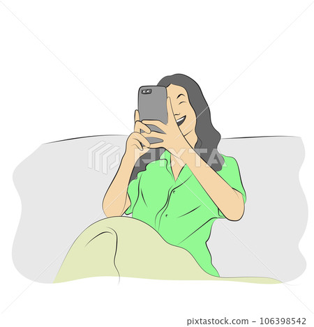 smiling woman using smartphone on her bed illustration vector hand drawn isolated on white background smiling woman using smartphone on her bed illustration vector hand drawn isolated on white background 106398542