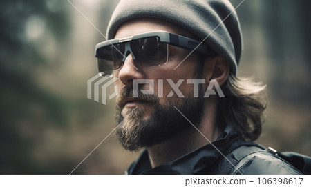 一名白人在自然/森林中使用智能眼鏡體驗技術（Metaverse/AR/VR/MR） 106398617