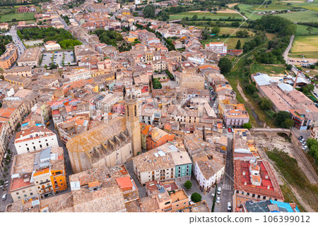 Aerial view of La Bisbal d Emporda with episcopal residence and Santa Maria church Aerial view of La Bisbal d Emporda with episcopal residence and Santa Maria church 106399012