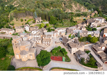Aerial view of landscape of spanish village of Santa Cruz de la Seros on day. Spain Aerial view of landscape of spanish village of Santa Cruz de la Seros on day. Spain 106399013