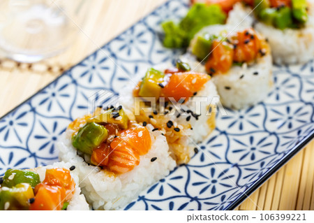 Sake maki rolls with salmon, avocado, crab and cucumber Sake maki rolls with salmon, avocado, crab and cucumber 106399221