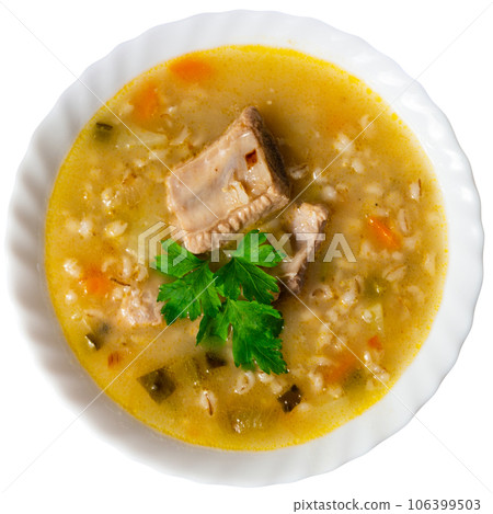 National Russian dish is Pickle soup with meat, cooked on basis of pickled cucumbers and pearl barley National Russian dish is Pickle soup with meat, cooked on basis of pickled cucumbers and pearl barley 106399503