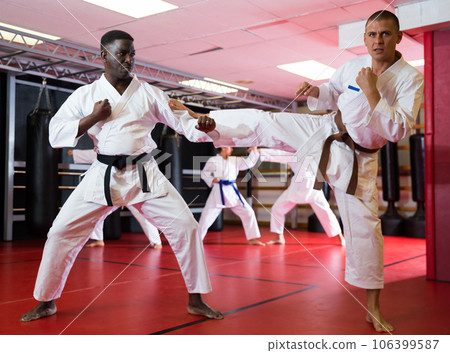 Men fighting during group karate training in gym Men fighting during group karate training in gym 106399587