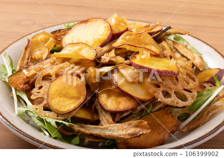 Fried root vegetable salad (sweet potato, lotus root, burdock, pumpkin) Fried root vegetable salad (sweet potato, lotus root, burdock, pumpkin) 106399902