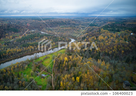 Above aerial shot of green pine forests and yellow foliage groves with beautiful texture of golden treetops. Beautiful fall season scenery in evening. Mountains in autumn colors in golden time 106400023