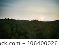 Above aerial shot of green pine forests and yellow foliage groves with beautiful texture of golden treetops. Beautiful fall season scenery in evening. Mountains in autumn colors in golden time 106400026