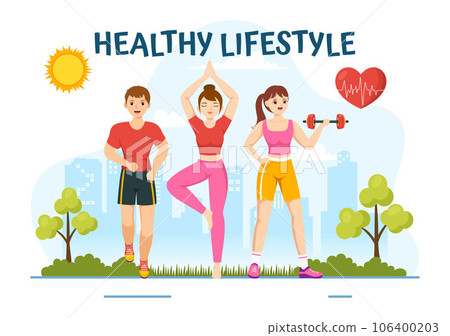 Healthy Lifestyle Vector Illustration with Organic Vegetables or Fruit, Sport and Workout in Flat Cartoon Hand Drawn Background Design Templates 106400203