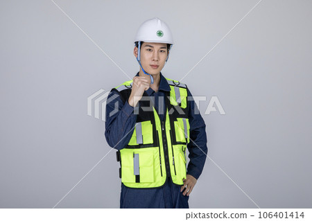 millennials and gen z, korean asian young man, site staff with hand motion 106401414