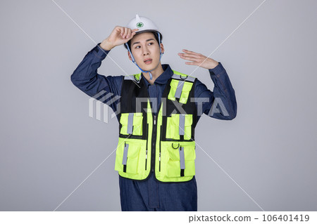 millennials and gen z, korean asian young man, site staff dressed work clothes, sweated under the sweltering heat millennials and gen z, korean asian young man, site staff dressed work clothes, sweated under the sweltering heat 106401419