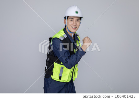 millennials and gen z, korean asian young man, site staff with hand motion 106401423