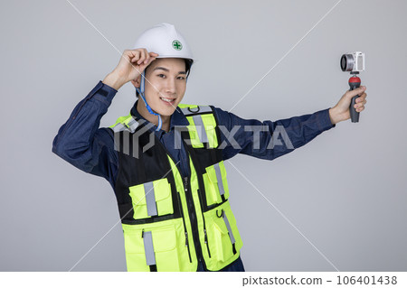 millennials and gen z, korean asian young man, site staff filming millennials and gen z, korean asian young man, site staff filming 106401438