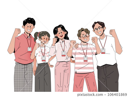 illustration characters of young business group standing side by side with hand motions 106401869