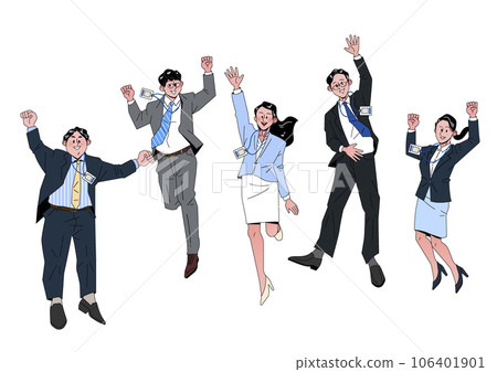 3D business concept character, young professionals in formal attire jumping energetically 106401901