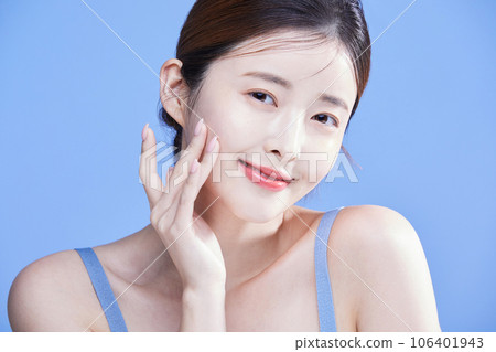 beauty concept photo of korean asain beautiful woman touching her skin 106401943