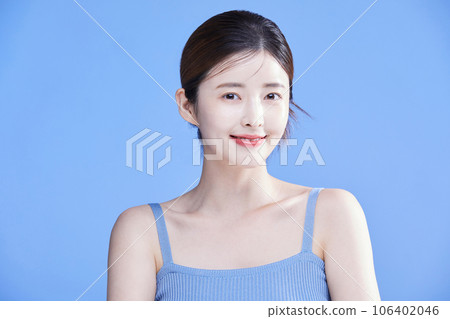 beauty concept photo of korean asain beautiful woman wearing a sleeveless top smiling 106402046