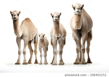 Image of family group of camel on white background. Wildlife Animals. Illustration, Generative AI. Image of family group of camel on white background. Wildlife Animals. Illustration, Generative AI. 106403252