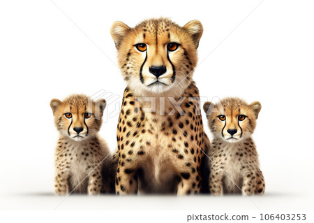 Image of family group of cheetahs on white background. Wildlife Animals. Illustration, Generative AI. 106403253