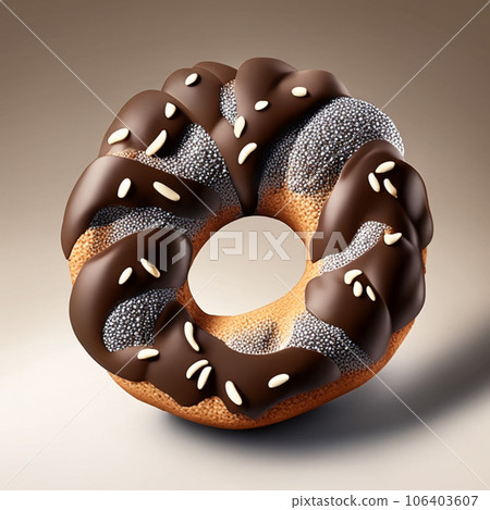 Donuts with chocolate glaze and nuts on a gray background. realistic food illustration AI-generative Donuts with chocolate glaze and nuts on a gray background. realistic food illustration AI-generative 106403607
