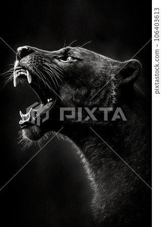 panther roar mouth studio silhouette photo black white backlit portrait motion contour tattoo 106403613
