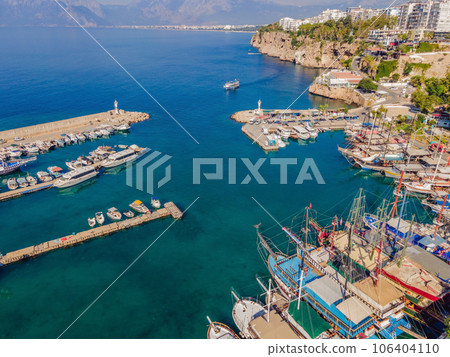 View of old Antalya from a drone or bird's eye view. This is the area of the old city and the old harbor 106404110
