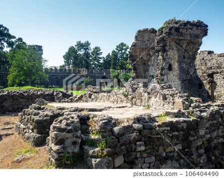 Ruin of an old castle. Remains of civilization. Fortress in Georgia. Old stones. The city of ancient stone masonry. Ruin of an old castle. Remains of civilization. Fortress in Georgia. Old stones. The city of ancient stone masonry. 106404490