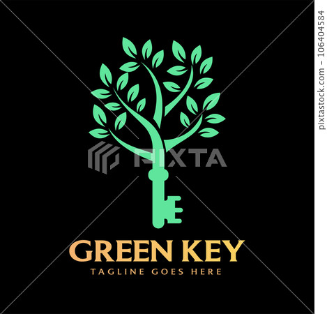 Key with Retro Vintage Green Leaf Tree Plant Logo Design Vector on dark background. 106404584