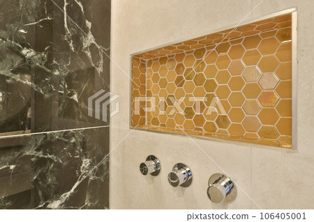 a bathroom with marble walls and hexagon tiles on the wall, as seen in this photo taken from above a bathroom with marble walls and hexagon tiles on the wall, as seen in this photo taken from above 106405001