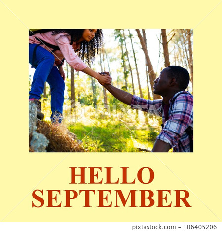 Composite of hello september text over biracial couple in forest 106405206