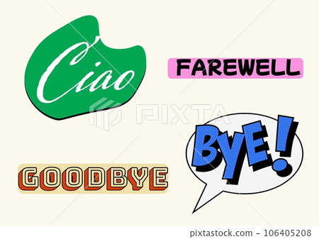 Illustration of colourful farewell, ciao, bye and goodbye text on white background, copy space 106405208