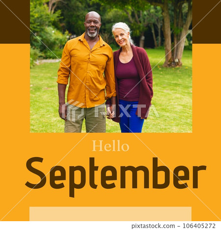 Composite of hello september text over senior biracial couple in garden 106405272