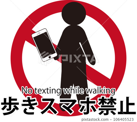 Pictogram prohibiting smartphones while walking, text included, black screen 106405523