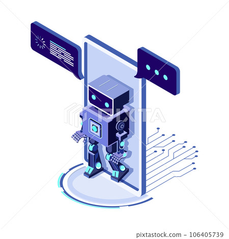 Artificial intelligence processing data on smartphone screen. AI in the form of bot coming out of the screen phone and offers to use digital mind. Isometric vector 106405739