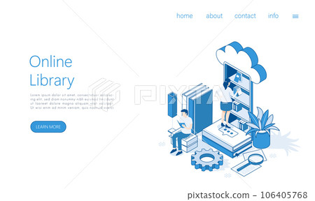 Landing page template online library. Distance education, online learning concept. Students reading books. Isometric Vector. Landing page template online library. Distance education, online learning concept. Students reading books. Isometric Vector. 106405768