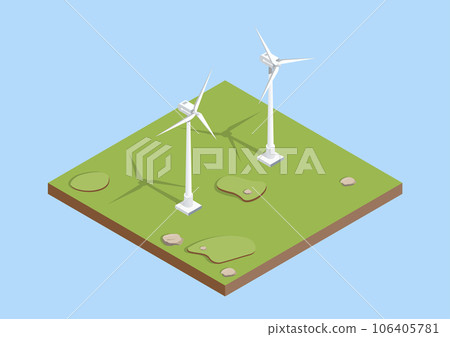 Wind turbines. Wind energy. Eco energy. Isometric vector. 106405781