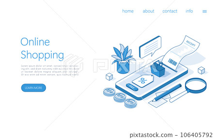 Landing page template online shopping payment bill. Smartphone, paper receipt bill. Isometric vector. 106405792