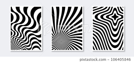 Sunburst and waves posters collection. Wavy sunbeams elements set. Black and white monochrome wave templates for cover, banner, invitation, flyer. Abstract art wallpaper pack. Vector Illustration 106405846
