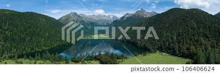 Beautiful panorama view of high altitude forest mountain and lake landscape in Sichuan,China Beautiful panorama view of high altitude forest mountain and lake landscape in Sichuan,China 106406624
