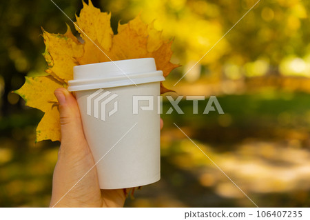 Woman holding Eco zero waste white paper cup copy space mockup Fall autumnal maple yellow leaf. Cup of tea coffee to go. Hot take away drink cozy mood rest holiday. Coffee break lifestyle  106407235