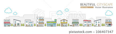 Vector illustration of a beautiful cityscape with simple shops and houses 106407347