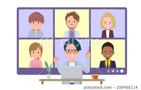 一組男性程序員工程師與多人進行在線會議。前角 106408114