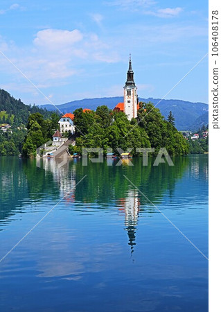 Lake Bled and St. Mary's Church, Slovenia 106408178