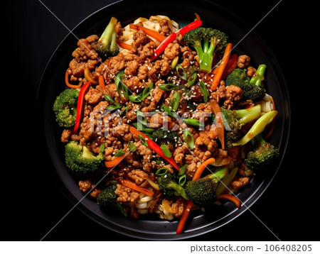 Comfort food delicious ground turkey stir fry dish with vegetables on a black round dinner plate and no background 106408205