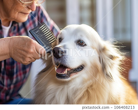 Elderly senior woman brushing a dog with comb brush at home 106408213