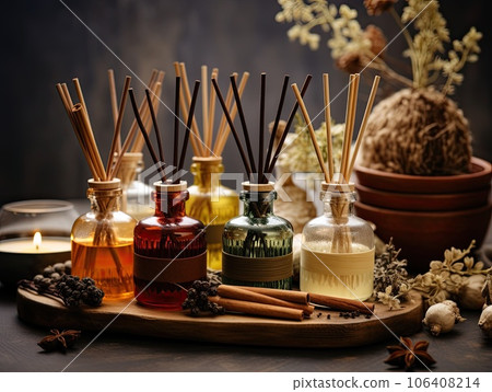 A collection of fall scent aroma diffusers on a wooden tray. A collection of fall scent aroma diffusers on a wooden tray. 106408214