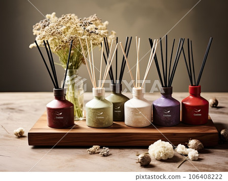 A collection of fall scent aroma diffusers on a wooden tray. A collection of fall scent aroma diffusers on a wooden tray. 106408222