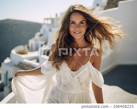 A stunning gorgeous beautiful woman in a white flowing dress walking through the streets of summer Greek ancient town A stunning gorgeous beautiful woman in a white flowing dress walking through the streets of summer Greek ancient town 106408225