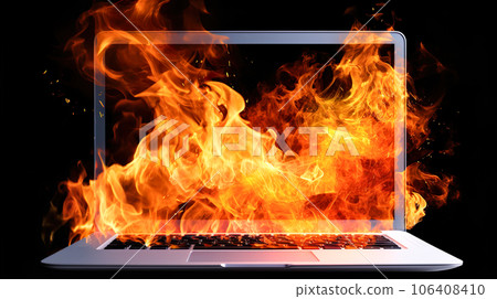 一台燃燒的筆記本電腦,帶有黑色背景“人工智能生成的圖像” 一台燃燒的筆記本電腦,帶有黑色背景“人工智能生成的圖像” 106408410